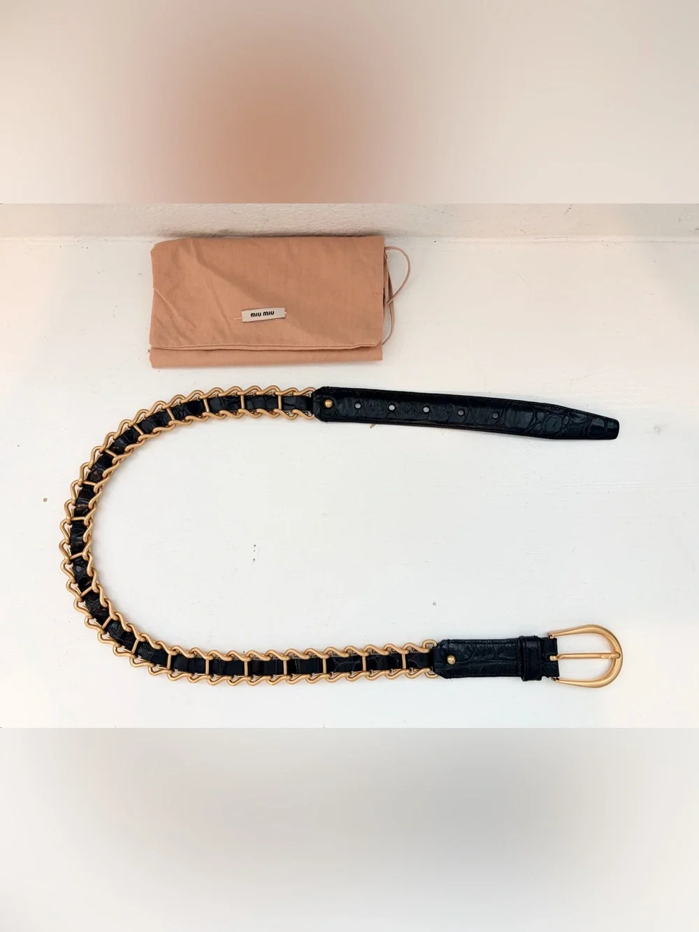 Auth MIU MIU Black Leather Gold-Tone Chain Link Belt, Size 75 / 30
